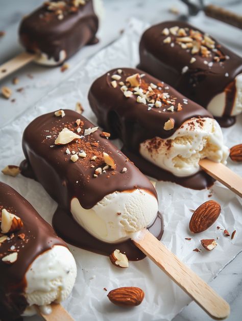 Ingredients 🙌  **For the Ice Cream:** - 480ml heavy cream 🥛 - 240ml sweetened condensed milk 🥫 - 1 tsp vanilla extract 🍨 **For the Chocolate Coating:** - 300g dark or milk chocolate, chopped 🍫 - 2 tbsp coconut oil 🥥 **For Decoration (Optional):** - Chopped nuts 🌰 - Crushed cookies 🍪  Instructions 👌  1. **Prepare the Ice Cream Mixture:**    - In a large bowl, whip the heavy cream until stiff peaks form. 🥛🍦    - Gently fold in the sweetened condensed milk and vanilla extract 🥫 Brown Ice Cream Aesthetic, Cooking Vibes, Dark Chocolate Ice Cream, Ice Cream Gift, Ice Bar, Ice Cream Bars, Ice Cream Mixture, Ice Bars, Love Ice Cream