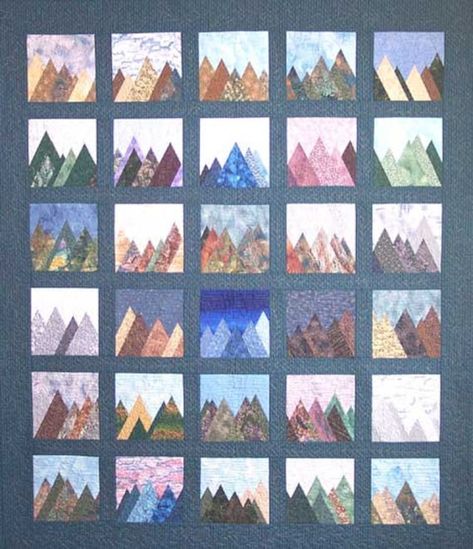 Maybe you can't climb all the mountains - but you can create them in all their glory! Includes full-size pattern pieces to make 30 different 12-inch blocks. Put all of them together to make a queen-size quilt, or use fewer blocks to create different size quilts or wall-hangings. YouTube video: https://www.youtube.com/watch?v=9E390uVa-nM&t=12s Patchwork Quilts For Beginners, Mountain Quilt Block, Mountain Quilt Pattern, Mountain Quilts, Quilted Wall Hanging, Basic Quilt, Quilting Designs Patterns, Quilt Modernen, Bear Quilts