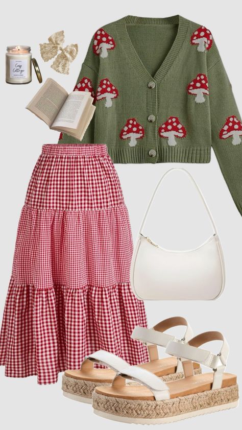 #greenaesthetic #mushrooms #cardigan #ootd #sweater #falloutfit #autumn #cottagecore #aesthetic #outfit #red #gingham #cozy #modestoutfit #churchoutfit #backtoschool Cardigan Ootd, Midi Skirt Outfits, Cottagecore Outfit Ideas, Modest Fashion Christian, Autumn Cottagecore, Ootd Sweater, Gingham Outfit, Cottagecore Clothes, Modesty Outfits