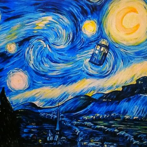 Doctor Who Painting Easy, Tardis Sketch, Tardis Aesthetic, Starry Night Tardis, Tardis Painting, Tardis Van Gogh, Tardis Starry Night, Tardis Art, David Tennant Doctor Who