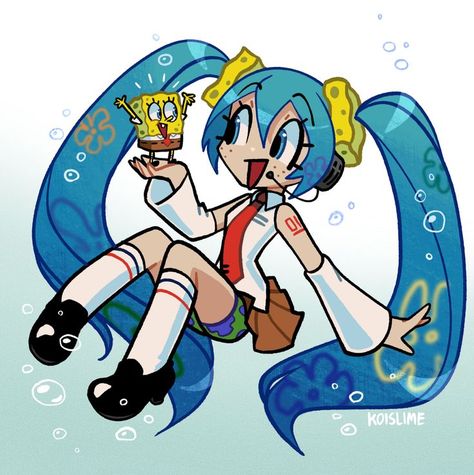 Miku Hatsune Chibi, Spongebob Drawings, Miku Hatsune Vocaloid, Vocaloid Funny, Vocaloid Characters, Tableau Art, Cartoon Crossovers, Cartoon Girl, Dessin Adorable