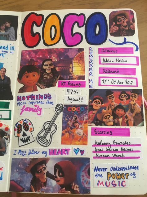 Coco Film, Movie Collage, Scrapbook Disney, Film Journal, Diy Photo Book, Bullet Journal Ideas Templates, Photography Journal, Disney Paintings, Pretty Journals