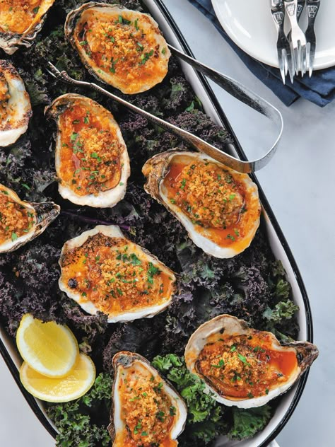 Bbq Oyster Recipes, Rockerfella Oysters, Bbq Oysters In Shell, Oyster Roast Table, Broiled Oysters In Oven, Roasted Oysters In Oven, Grilled Oysters On The Half Shell, Baked Oysters On The Half Shell, Sea Food Restaurant Aesthetic