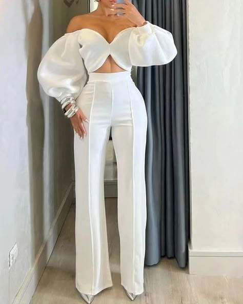 https://s.click.aliexpress.com/e/_DCt3s9t Lantern Sleeve Top, Mid Waist Pants, Two Piece Pants Set, Elegant Casual, Set Women, Straight Leg Trousers, Lantern Sleeve, Off Shoulder Tops, Small Batch