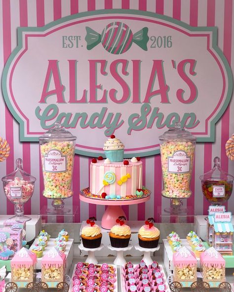 Candy Land Candy Table, Candy Shop Party Ideas, Candy Shop Theme Birthday Party, Sweet Shoppe Birthday Party Decorations, Candy Store Birthday Party, Birthday Sweets Table Ideas, Summer Candy Table Ideas, Sweet One Candy Table, Sweet One Treat Table