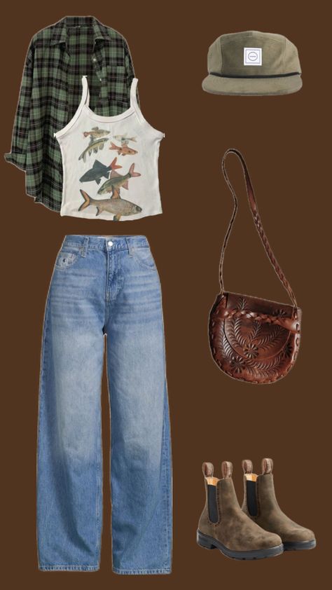 #granolagirl #pnw #adventure #outfit #fishing #casual #blundstones #collage #outfitideas #aesthetic Outfits With Blundstones, Granola Aesthetic Outfit, Cute Granola Outfits, Blundstone Outfits, Post Baby Outfit, Blundstone Outfit, Granola Girl Outfits, Granola Outfits, Granola Girl Aesthetic