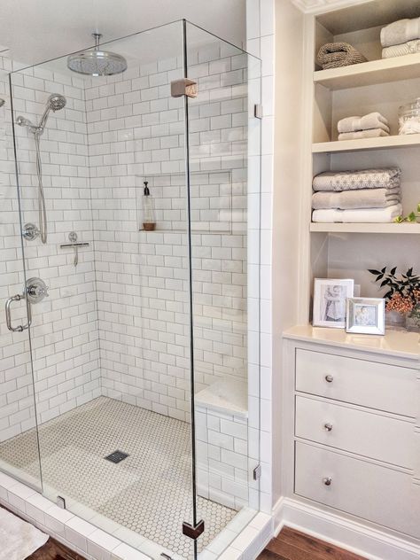 Shower Next To Linen Closet, Master Bath With Glass Shower Door, Open Shelf Bathroom Storage Ideas, Master Bath With Linen Closet, Shower Linen Closet, Bathroom Open Shelving Storage Master Bath, Bathroom Open Linen Closet Ideas, Shower And Linen Closet, Shower And Closet Combo