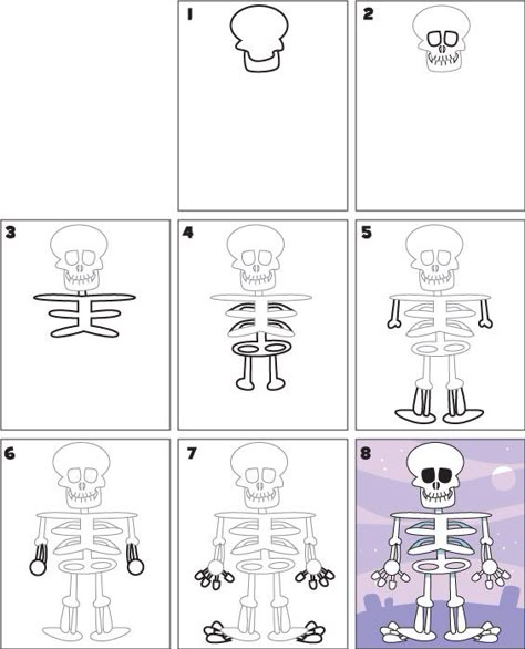 how-to-draw-a-skeleton Drawing A Skeleton, Draw A Skeleton, Guide Drawing, Easy Halloween Drawings, Drawing Steps, Draw Tutorial, Drawing Kids, Halloween Writing, Skeleton Drawings