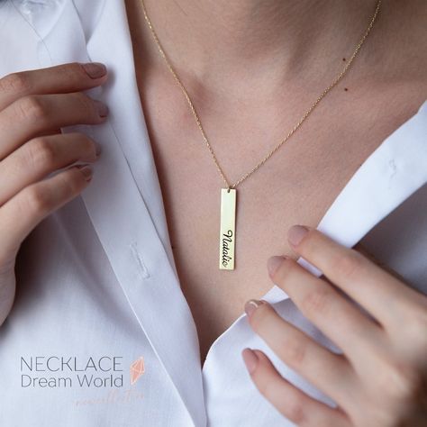 bar name personalized custom necklace pendant jewelry women style fashion handwriting Nameplate Necklace Gold, Bar Necklace Gold, Custom Bar Necklace, Handmade Bar, Name Necklace Silver, Engraved Bar Necklace, Vertical Bar Necklace, Bar Necklace Personalized, Necklace Extender