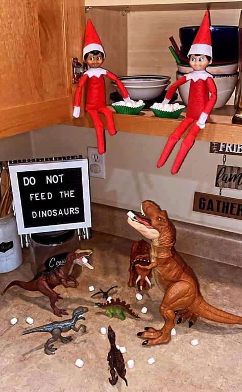 Dino Elf On The Shelf, Elf On Shelf With Dinosaurs, Elf On The Shelf Feeding Dinosaurs, Elf Feeding Dinosaurs, Dinosaur Elf On The Shelf, Elf Dont Feed The Dinosaurs, Elf On Shelf Dinosaur, Elf With Dinosaurs, Elf On The Shelf Ideas With Dinosaurs