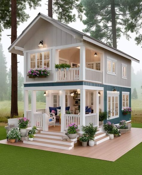 Cute Simple House, Mini Home Exterior, Tiny Home Mansions, Small Home With Porch, Tiny Houses Exterior, Small Cottage With Loft, Studio House Design, Tiny House For Family Of 4, Prefab Addition To Home