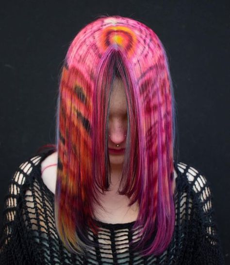 Patterned Hair Dye, Colourful Hair Aesthetic, Dye Hair Curly, Rainbow Mullet Hair, Weird Hair Colors, Crazy Hair Dye, Interesting Hair Color, Tattoo Prompts, Vivid Color Mullet