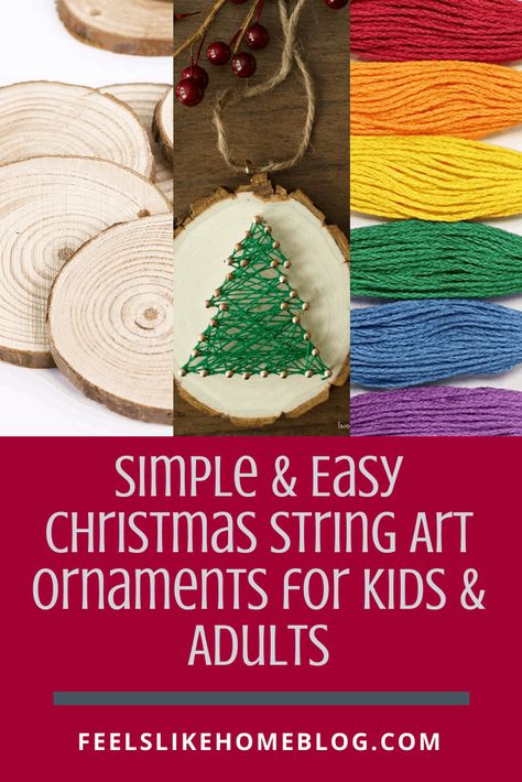 Simple & easy Christmas string art for beginners - These pretty designs are made on wood slices using embroidery floss or string and make a perfectly sized Christmas ornament for the Xmas tree. Includes free printable templates and patterns for a star, angel, light, tree, snowflake, and more. Great for children, tweens, teens, and adults. String Art For Beginners, Christmas String Art, String Art Patterns Free, Star Angel, Angel Light, Christmas Books For Kids, Easy Ornaments, String Art Templates, Free Printable Templates