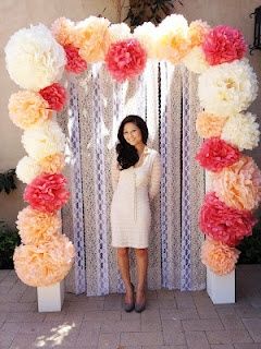 Pom Pom backdrop. That would be such a pretty wedding arch! Pom Pom Backdrop, Graduation Party Photo Booth, Diy Pom Poms, Flower Arch, Wedding Arch Flowers, Arch Flowers, Diy Photo Booth, Photo Booth Backdrop, Diy Photo