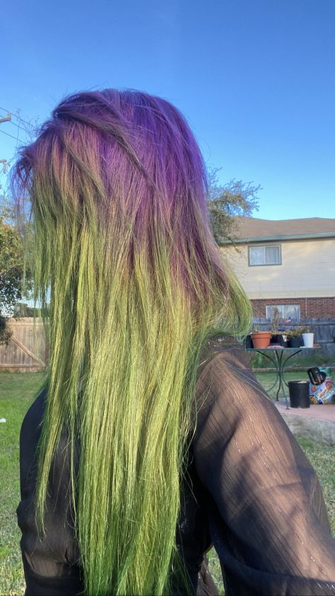 Purple Halloween Hair, Green And Purple Hair Ideas, Dark Green And Purple Hair, Green Purple Hair, Green To Purple Hair, Muted Green Hair, Purple And Green Hair Streaks, Half Green Half Purple Hair, Purple Hair Color Ideas