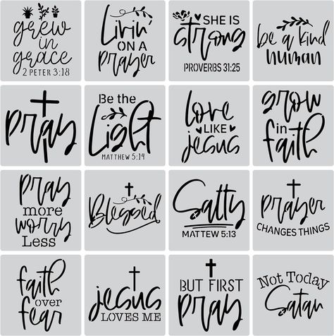 Amazon.com : 16PCS Christian Faith Stencils with Quotes and Bible Verses, Inspirational Word Stencil Set, Ideal for Painting on Wood, Canvas, Walls, Furniture, Porches, Front Doors, and More - 8 x 8 Inches : Arts, Crafts & Sewing Canvas Walls, Short Scriptures, Bible Verse Painting, Quote Stencils, Faith Quotes Christian, Word Stencils, Bible Wall Art, Bible Verse Canvas, Card Sentiments