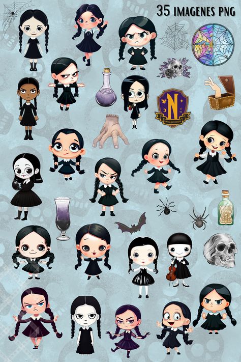 Chibi Wednesday Addams, Wednesday Addams Clipart, Adams Family Clipart, Merlina Adams Fan Art, Wednesday Addams Vector, Wednesday Addams Party, Addams Wednesday, Addams Family Wednesday, Wednesday Addams