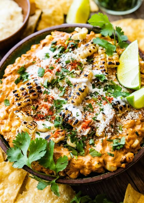 Mexican Street Corn Dip Recipe (Easy and Delicious!) - CucinaByElena Roasted Corn Dip Recipe, Mexican Street Corn No Mayo, Baked Mexican Street Corn Dip, Tortilla Dip Recipes, Elote Appetizer, Mexican Street Corn Dip Crock Pot, Mexican Hors D’oeuvres, Hot Mexican Street Corn Dip, Easy Mexican Street Corn Dip