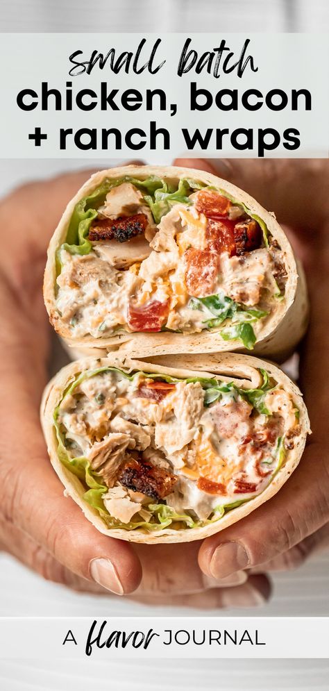 Shredded chicken wraps with crispy bacon, ranch dressing (homemade ranch if you're feeling it!), shredded cheese, avocado, lettuce, and pico de gallo (or tomatoes). This recipe makes two chicken bacon ranch wraps, but you can definitely double or triple it if needed!  #chickenbaconranchwraps #chickenbaconwraps #chickenwraps #shreddedchickenwrap #shreddedchickenrecipe #smallbatchrecipes #chickenwraprecipe Chicken Avocado Bacon Wrap, Chicken Bacon Lettuce Wraps, Chicken Wrap Ideas For Dinner, Canned Chicken Wrap Recipes, High Protein Chicken Bacon Ranch Burrito, Chicken Ranch Wraps Recipes, Chicken Bacon Ranch Wraps Recipes, Shredded Chicken Wraps, Rotisserie Chicken Wraps