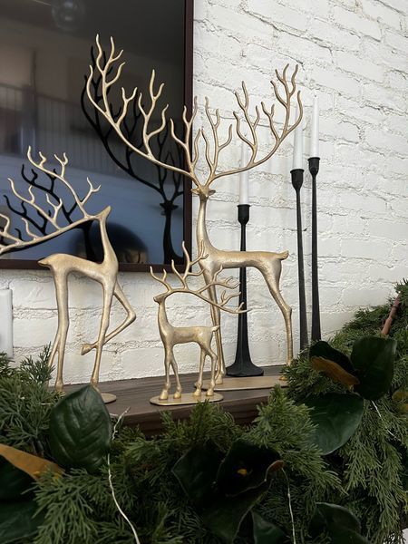 Deer Mantle Decor, Christmas Decor With Candlesticks, Reindeer Mantle Decor, Reindeer On Mantle, Decorating With Reindeer For Christmas, Gold Reindeer Christmas Decor, Holiday Fireplace Mantle Decor, Black Reindeer Christmas Decor, Christmas Decor Fireplace Mantel