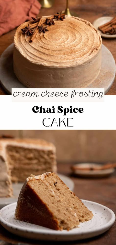 This spiced chai cake is a layer cake frosted and filled with rich cinnamon cream cheese frosting. Instead of tea, the cake is made with masala chai spices for a concentrated, perfectly spiced flavor. Its cozy, warm flavors make it the perfect cake for Fall. Chai Vanilla Cake, Spiced Chai Cake, Chai Flavored Dessert, Chai Tea Cake, Chai Spice Cake, Chai Cake Recipe, Cake Flour Recipe, Chai Cake, Cinnamon Tea Cake