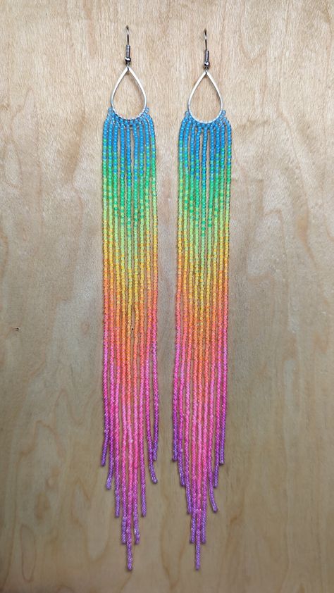 Neon Fringe Earrings, Neon Seed Bead Earrings, Neon Beaded Earrings, Neon Beadwork, Beaded Artwork, Seed Bead Jewelry Patterns, Beaded Earrings Native, Earrings Patterns, Earrings Ideas