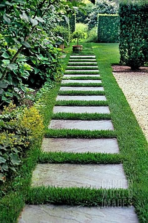 The concrete pavers on the grass line are easy and informal way to design the pathway to the backyard. Looks classic always. Brookline Massachusetts, Stepping Stone Pathway, Stepping Stone Paths, Backyard Walkway, Garden Grass, Walkway Landscaping, Walkway Design, Pathway Landscaping, Front Yard Garden Design