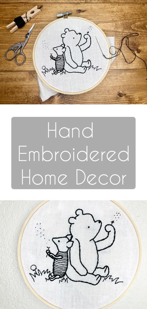 Embroidered Winnie The Pooh, Embroidery Nursery Decor, Simple Disney Embroidery, Winnie The Pooh Hand Embroidery, Black And White Winnie The Pooh, Nursery Embroidery Pattern, Hand Embroidery Disney Patterns, Pooh Bear Embroidery, Winnie The Pooh Embroidery Pattern