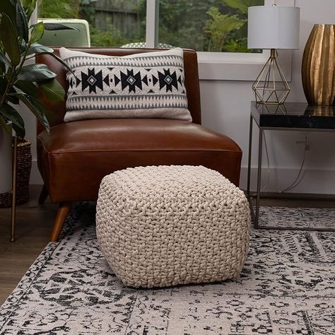 Such a unique square ottoman! This color and pattern can pair with many different home decor styles! #farmhouse #modern #conteporary #transitional #homedecor #ottoman #neutral #weave #texture #texturedottoman #amazonfinds #amazonhomedecor #amazonassociate #amazon #affiliatelink #perfect #checkthisout Chair With Foot Stool, Ottoman For Living Room, Bean Bag Filling, Different Home Decor Styles, Square Pouf Ottoman, Pouf Footstool, Knitted Pouf, Stool Ottoman, Square Pouf