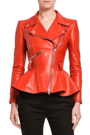 Peplum Leather Jacket, Alexander Mcqueen Red, Leather Peplum Tops, Leather Peplum, Alexander Mcqueen Dresses, Alexander Mcqueen Clothing, Peplum Tops, Peplum Jacket, Printed Silk Scarf