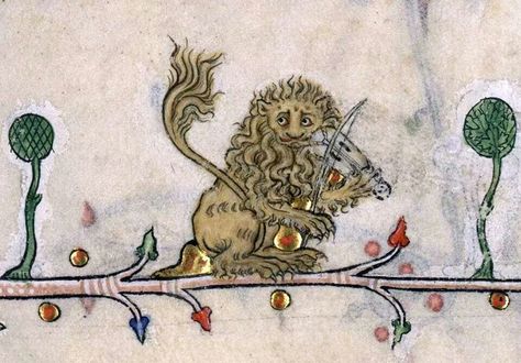 Lion fiddler Lion Playing, Classical Paintings, Medieval Drawings, Medieval Artwork, Illustrated Manuscript, Medieval Books, Medieval Paintings, Book Of Hours, Medieval Manuscript