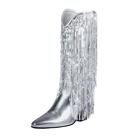 NOSTALCHICKS's Amazon Page Silver Cowboy Boots, Cowgirl Outfits, Thick Heels, Mid Calf Boots, Rubber Heels, Cowgirl Boots, Festival Outfits, Western Boots, Knee High Boots