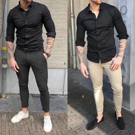 Black Shirt Outfit Men, Mens Casual Suits, Style Boy, Men Hairstyle, Formal Men Outfit, Mens Summer Outfits, Mens Fashion Blazer, Mens Casual Outfits Summer, Men Fashion Casual Shirts