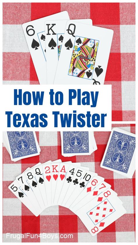 Learn how to play Texas Twister - the card game! Also called Texas Mix. This is a fast-faced trick taking game where every round is different. Fun family card game! Family Card Games, Fun Card Games, Card Games For Kids, Family Party Games, Game Storage, Playing Card Games, Family Fun Night, Family Fun Games, Family Cards