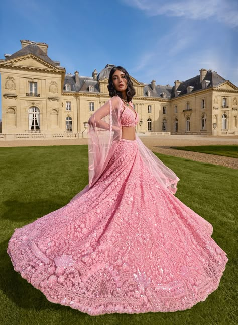 POISED IN PINK: Move towards Barbie pink for a look everyone's still obsessed with!💗 Outfit: @seemagujraldesign⁠ #barbie #lehenga #pinkfashion Pink Lengha Bridal, Aesthetic Lengha, Baby Pink Lengha, Bridal Lehenga Reception, Pink Chaniya Choli, Pink And Gold Lehenga, Pink Indian Dress, Barbie Lehenga, Lehenga Sequins