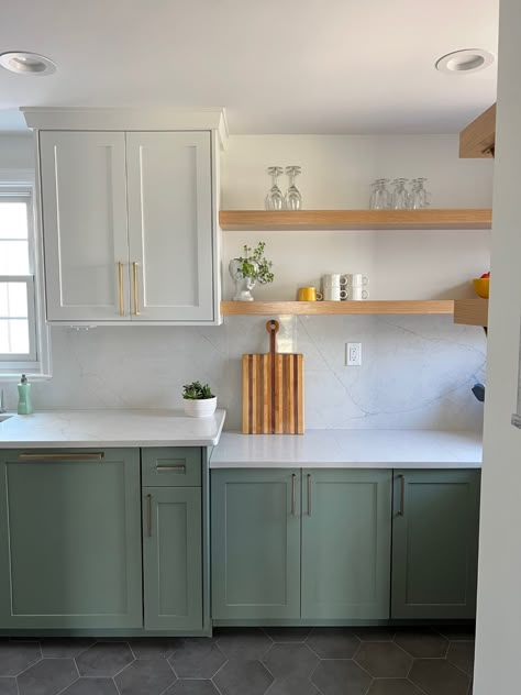 Small Galley Kitchen, Two Tone Kitchen Cabinets, Ideas For Storage, Recessed Panel Cabinets, Sage Green Kitchen, Two Tone Kitchen, Green Kitchen Cabinets, Tiger Oak, Grand Haven