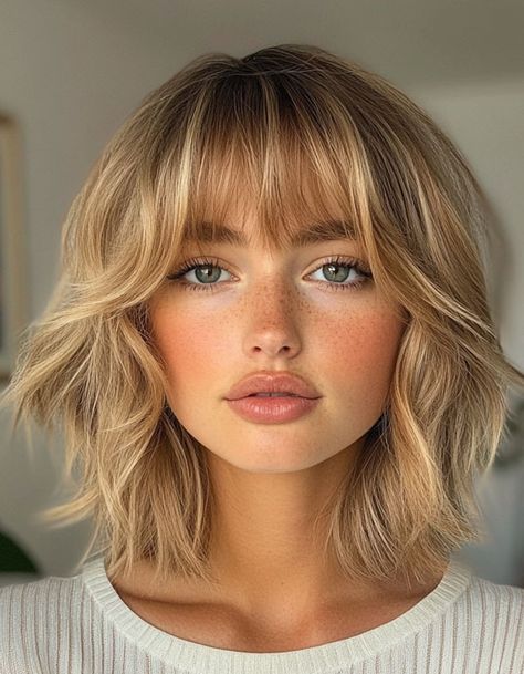 Golden Blonde Shag Lob with Soft Layers, textured long bob shag, shaggy lob haircut Blonde Wavy Bob With Bangs, Blonde Short Layered Hair, Short Blonde Shag, Long Bob Shag, Shaggy Long Bob, Shag Lob, Blonde Lob With Bangs, Shaggy Lob Haircut, Shaggy Bob With Bangs