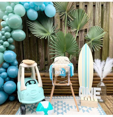 Surf And Turf Party Theme, Boho Beach Shower Ideas, One-der The Sea Birthday Party, The Big Wave Birthday, One Year Beach Birthday Party, Surf Theme First Birthday Party, Wave Party Decorations, The Big One Surf Birthday Photoshoot, Surfing 1st Birthday Party