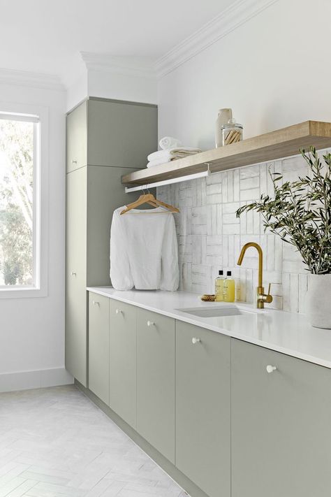 Tiles In Laundry Room, Laminex Seed Cabinetry, Laundry Green Cabinets, Laminex Seed, Green Laundry Cabinets, Laundry Room Ideas Green, Laundry Cabinet Design, Colourful Laundry Room, Green Laundry Room Ideas