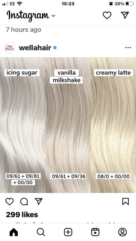 Wella Formulas Lowlights, Ash Blonde Formula, Wella Blonde Hair Color Shades, Different Types Of Blonde Hair Shades, Full Bleach Blonde Hair, Icy Blonde Hair Formula, Warm Blonde Formula, Cool Blonde Toner Formulas Wella, Wella Toner Chart Before And After