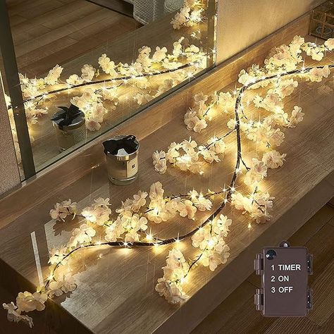 Amazon.com: LITBLOOM Cherry Blossom Garland with Lights Battery Operated with Timer 96 Fairy Lights, Lighted Flower Garland 6FT for Mantle Firepalce Wedding Party Decoration Indoor Outdoor : Home & Kitchen Cherry Blossom Decor, Material Wreaths, White Cherry Blossom, Fall Garland, Unique Christmas Decorations, Viria, Cherry Blossom Flowers, Light Garland, Outdoor Home