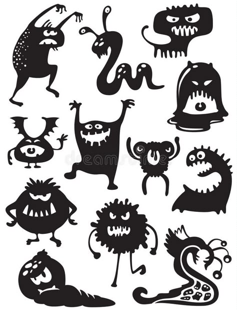 Monsters silhouettes. Silhouettes of cute doodle monsters-bacteria , #spon, #Silhouettes, #silhouettes, #Monsters, #cute, #bacteria #ad Image Monster, Doodle Monster, Cute Doodle, Funny Monsters, Halloween Window, Halloween Silhouettes, Halloween Illustration, Halloween Monster, Affinity Designer