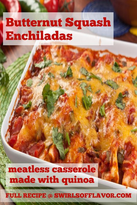 Butternut Squash Enchiladas with Quinoa is a vegetarian casserole filled with flavor and nutrition. Winter squash and spinach combine with quinoa and cheese for a delicious and easy weeknight dinner recipe. An easy plant based recipe. Squash Enchilada Casserole, Squash Enchiladas, Butternut Squash Enchiladas, Monday Dinner, Meatless Monday Dinner, Best Vegetable Recipes, Plant Based Recipe, Vegetable Casserole Recipes, Yummy Casserole Recipes