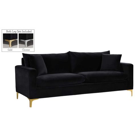 Meridian Furniture Naomi Collection Modern | Contemporary Velvet Upholstered Sofa with Stainless Steel Base in a Rich Gold or Chrome Finish, Black Black Velvet Sofa, Black Couch, Black Living, Glamour Home, Starting Fresh, Sofa Black, Black Living Room, Deep Seat Cushions, Meridian Furniture