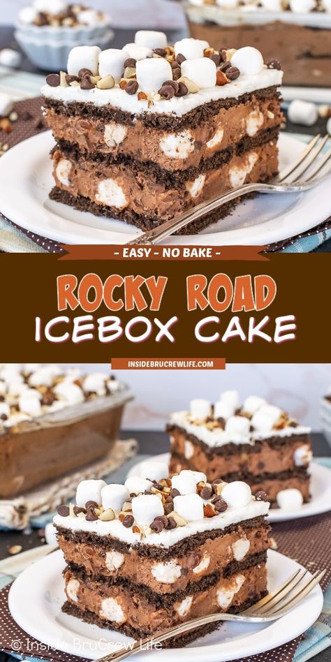 Rocky Road Icebox Cake - chocolate graham crackers layered with a chocolate filling with nuts and marshmallows makes this chocolate icebox cake so good. Easy no bake dessert for hot summer days. Summer Chocolate Dessert, Pumpkin Lasagna Dessert, Chocolate Icebox Cake, Homemade Whipped Cream Recipe, Icebox Cake Recipes, Chocolate Wafer Cookies, Bake Cakes, Chocolate Graham Crackers, Summer Baking