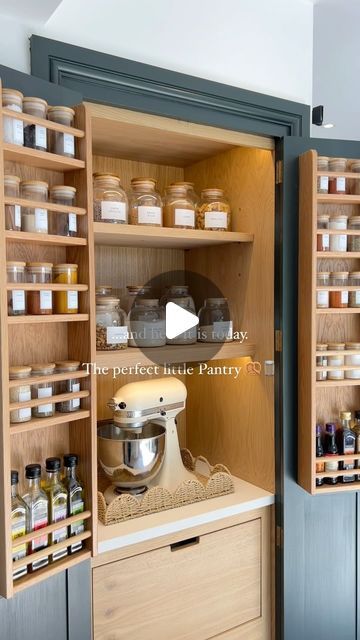 Paul & Jane ( Home Renovations | Interiors | DIY ) on Instagram: "The Story of our perfect little Pantry ✨🥨💕🫙  #pantry #pantryorganization #pantrydesign #pantryorganisation #pantrygoals #pantrychallenge #pantrymakeover #pantrystaples #kitchendesign #kitchenrenovation #kitchendecor #greenkitchen #lvtfloor #decordesign #larder #lardercupboard #shakerkitchen #explorepage✨ #explorepageready #viralreelsvideo #viralrëëls #ᴠɪʀᴀʟʀᴇᴇʟs #renovationjourney #openplanliving #openplankitchen #openplan #rénovation" Pantry Challenge, Larder Cupboard, Pantry Organisation, Pantry Makeover, Studio Green, Home Renovations, Shaker Kitchen, Pantry Staples, Pantry Design