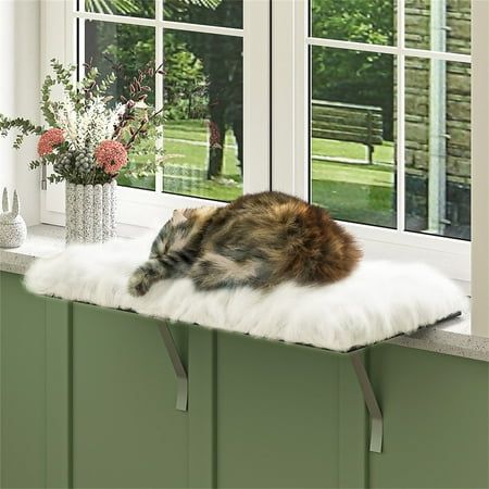 Our window seat for cats has soft plush cover and memory sponge, will provide a very comfortable and wide-view rest place, and your pet cat can enjoy the sunbathing. And this cat perch is suitable for windowsill deep of no less than 3 inches. Material: MDF board+Metal paint support feet+ Plush cloth cushion. The white short plush cover of the cat window perch can be easily removed and washed. Cat window hammock includes all the parts in the packing box, Only need several minutes, you can assembl