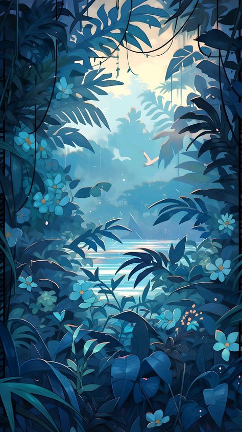 Rain Art Wallpaper, 2d Backgrounds Illustration, The Four Elements Art, Teal Anime Aesthetic, Rain Forest Drawing, Forest Illustration Art, Anime Style Wallpaper, Digital Art Forest, Blue Background Art