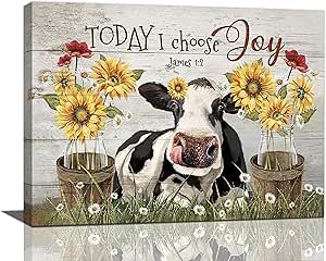 Farmhouse Cow Sunflower Daisy Decor Wall Art Rustic Country Farm Funny Cow Floral Pictures Wall Decor Canvas Painting Prints Artwork Home Decorations Framed for Bathroom Bedroom Kitchen 24"x16" Farm Funny, Daisy Decor, Today I Choose Joy, Cow Sunflower, I Choose Joy, Sunflower Daisy, Cows Funny, Art Impressions, Wall Decor Pictures