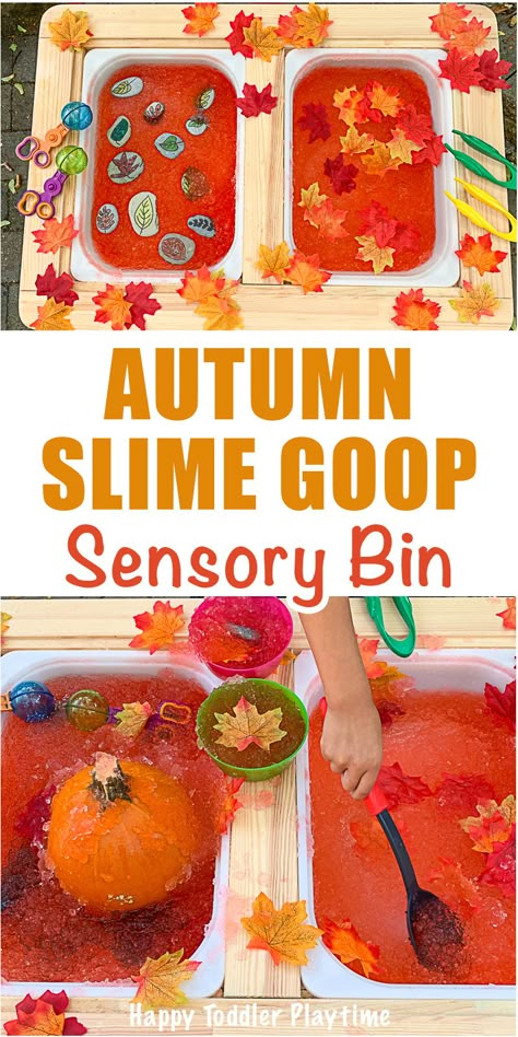 Autumn Slime Goop Sensory Bin - HAPPY TODDLER PLAYTIME Create a fun Autumn slime goop sensory bin for your little one using Gelli Baff! It's easy to make, fun to play with and the clean up is simple! #autumnactivities #fallactivities #slime #sensorybin Sensory Bin Ideas, Fall Sensory Bin, Fall Activities For Toddlers, Fall Sensory, Fall Arts And Crafts, Toddler Sensory, Autumn Activities For Kids, Fall Preschool, Sensory Bottles